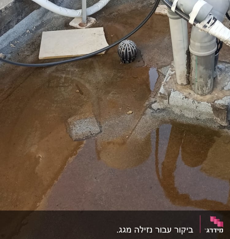 מערכת צינורות וניקוז על גג עם מים עומדים